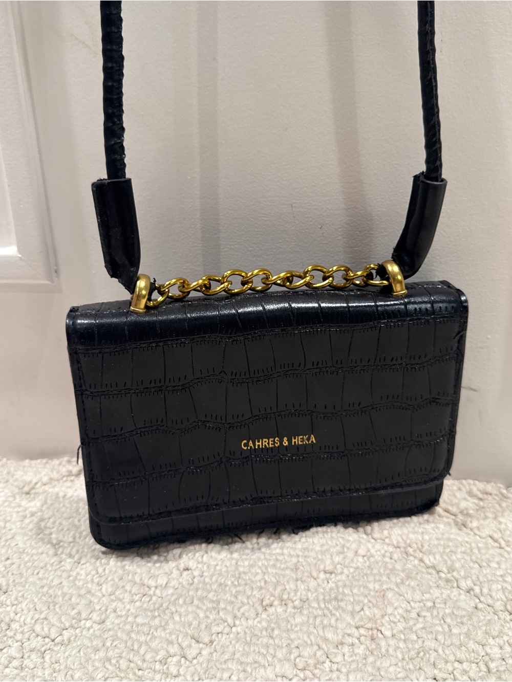 Black Croc Embossed Mini Crossbody Bag Gold Chain
